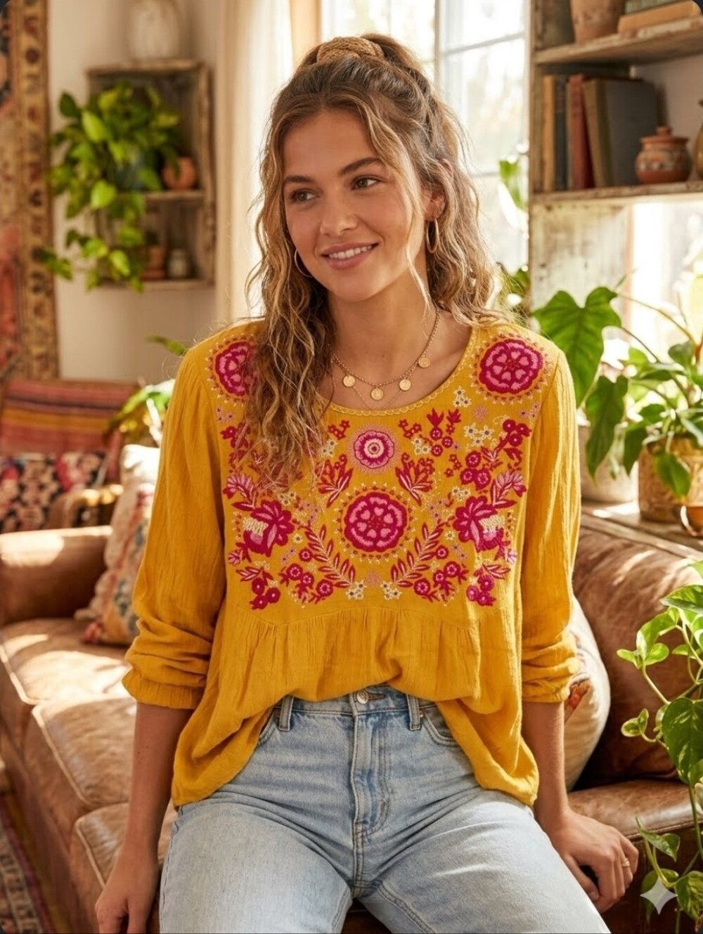 Altar'd State Marygold Yellow Floral Embroidered Boho Flowy Peasant Top S Womens